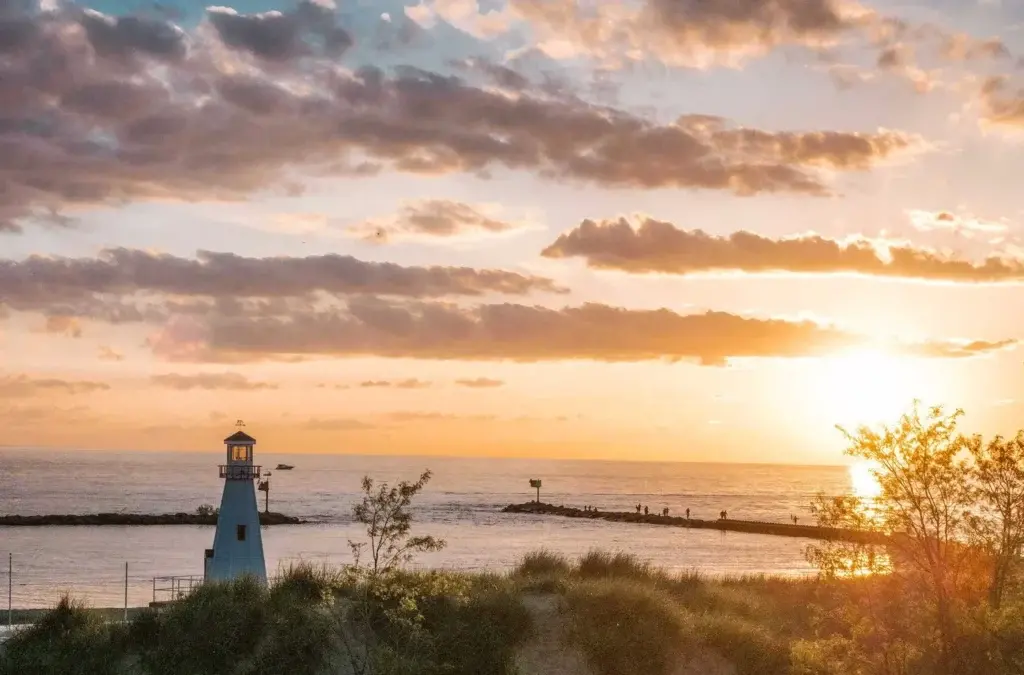 New Buffalo Lighthouse and Beach at Sunset